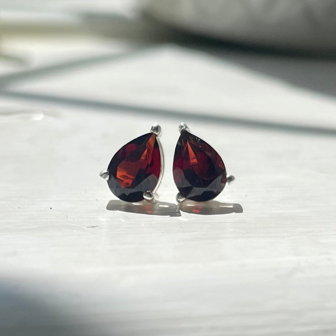Natural Garnet Pear Cut Stud Earrings