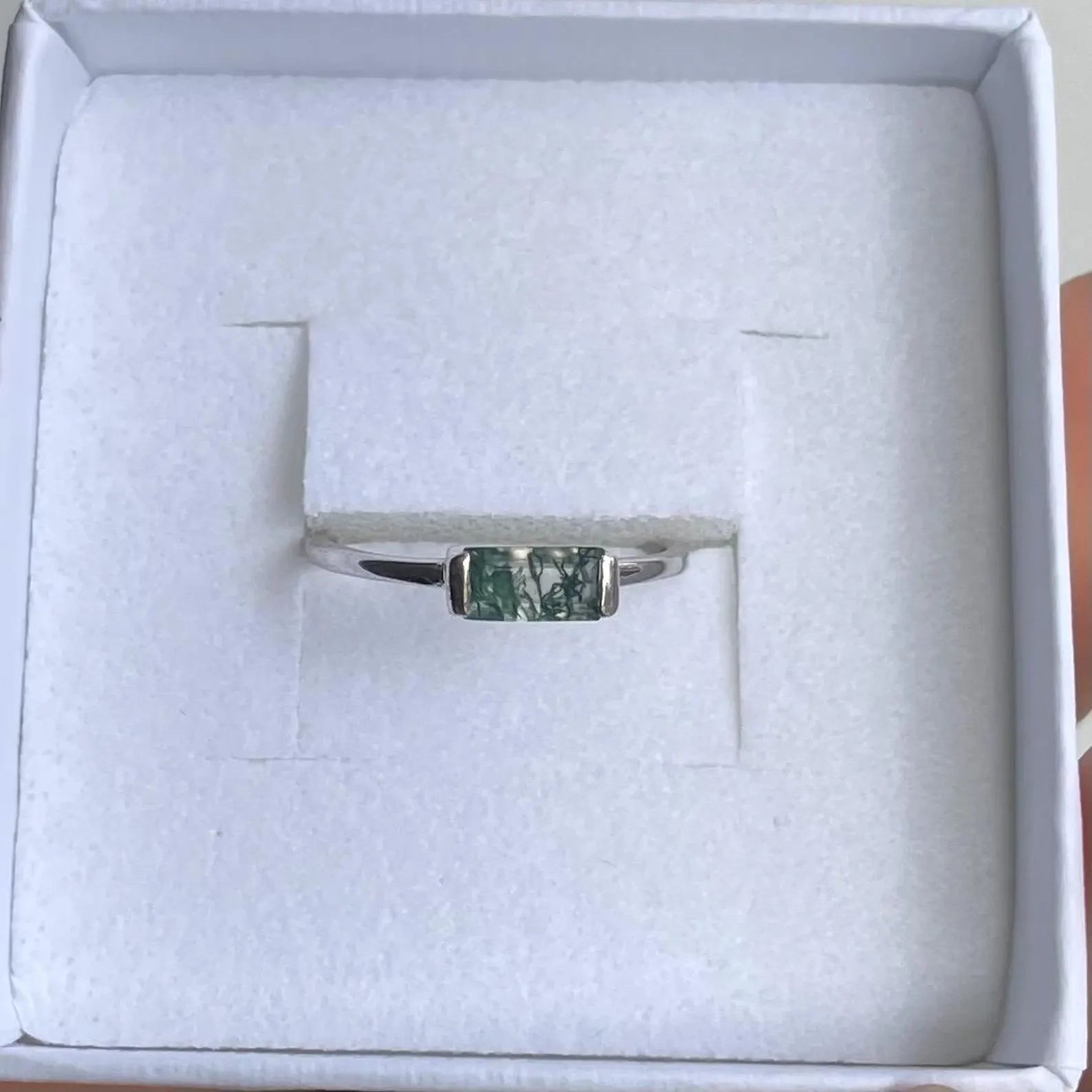 Moss Agate Baguette Ring