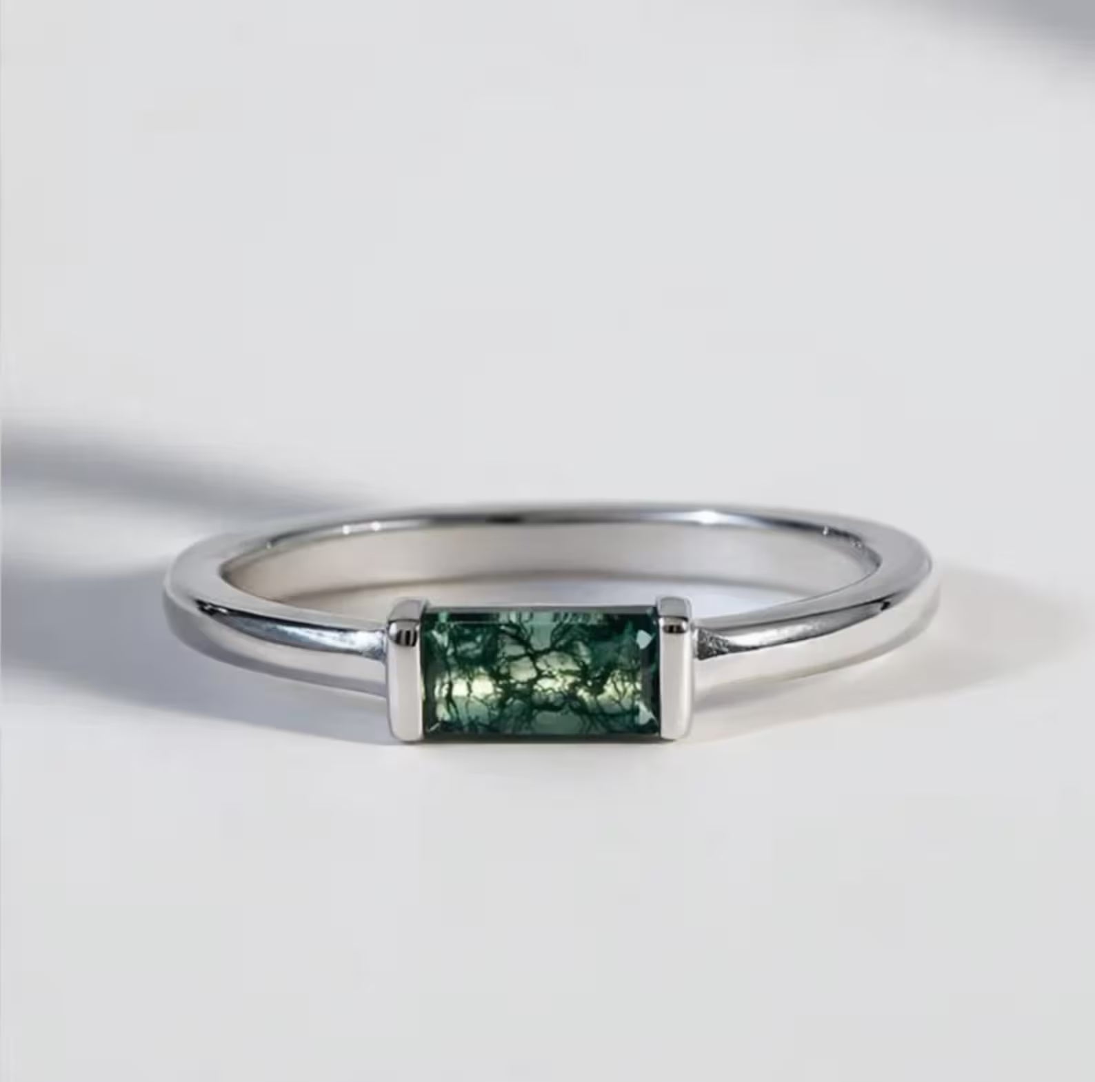 Moss Agate Baguette Ring | Sterling Silver