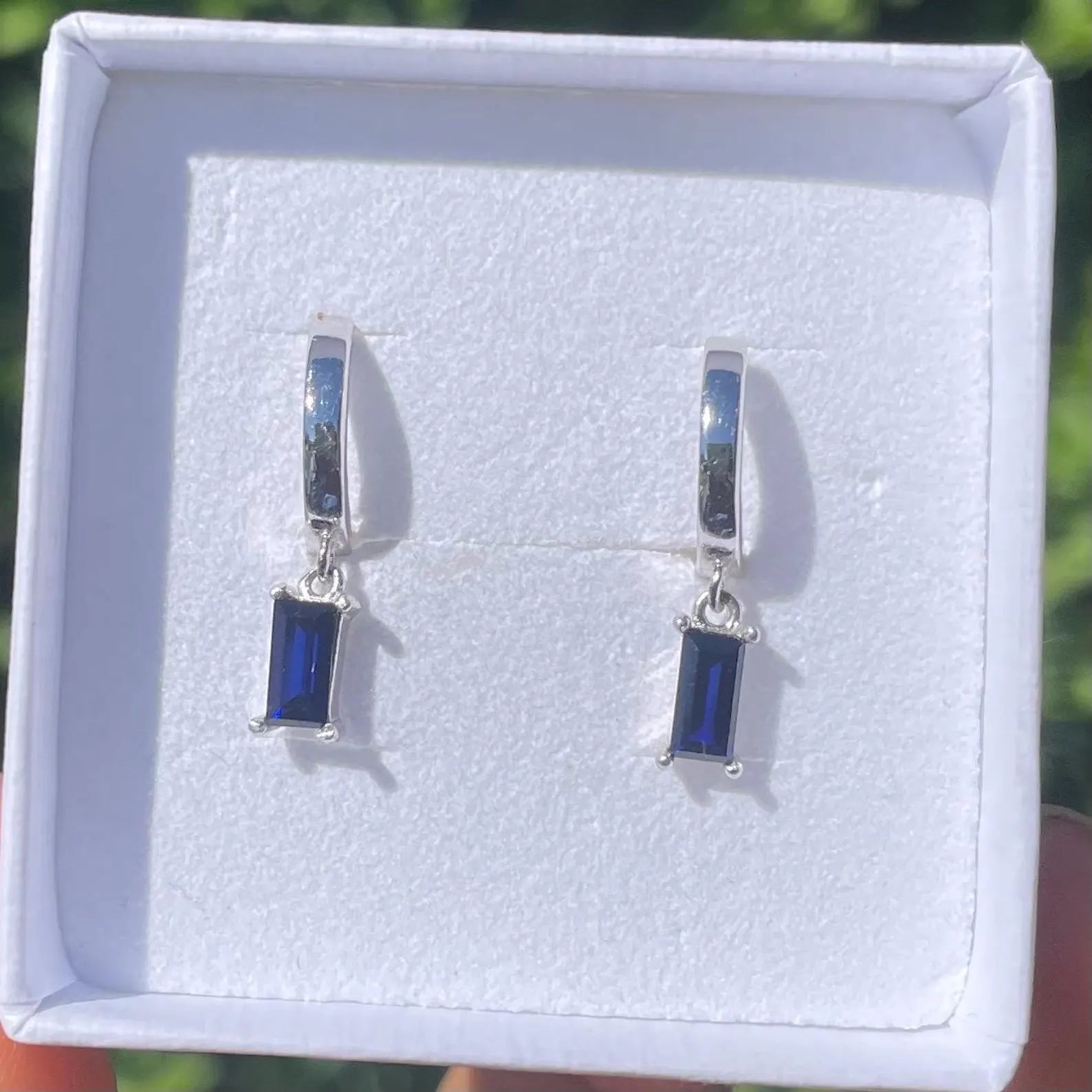 Blue Sapphire Dangle Baguette Hoop Earrings